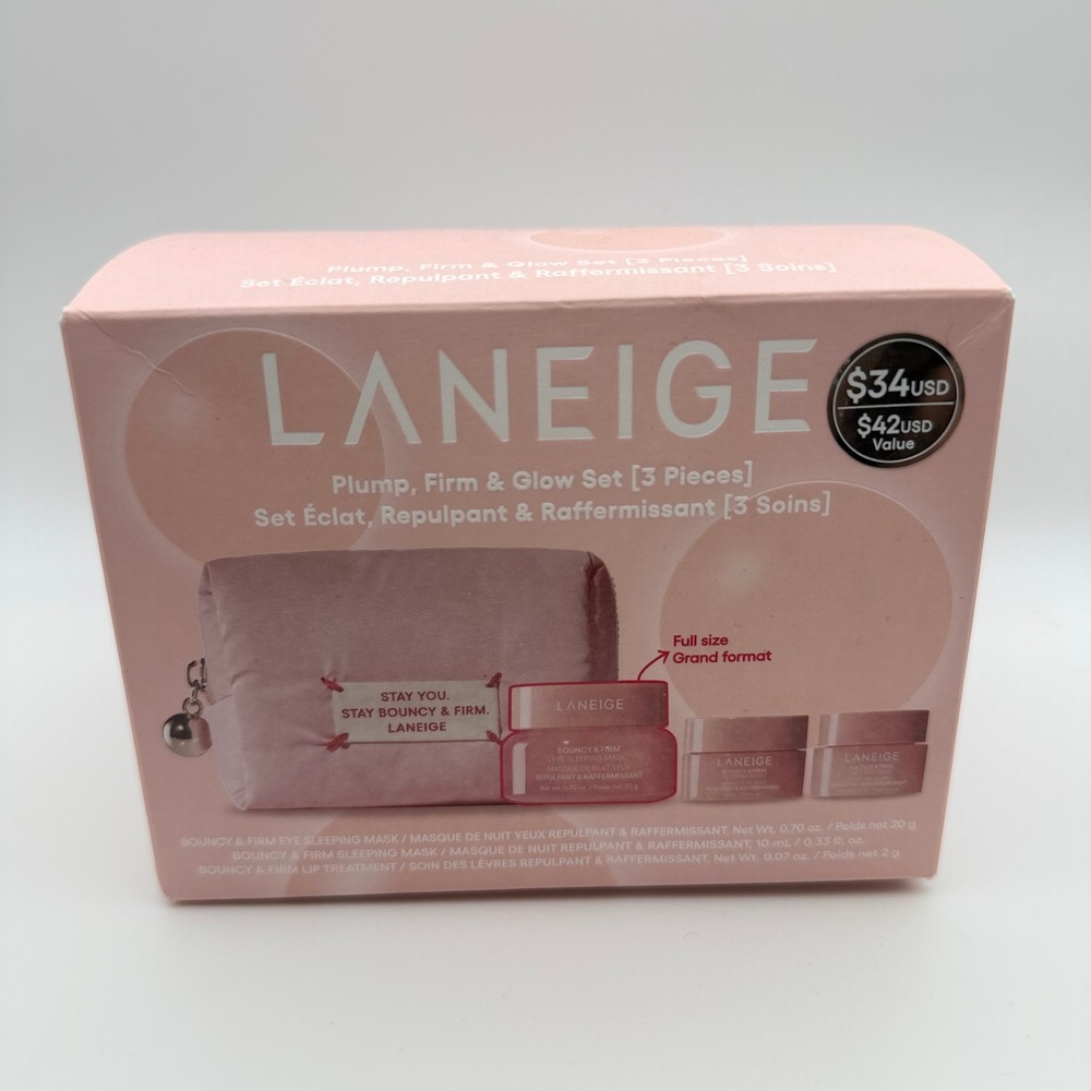 LANEIGE Bouncy & Firm Plump Firm Glow 3 Piece Set Pink Puffer Bag NIB